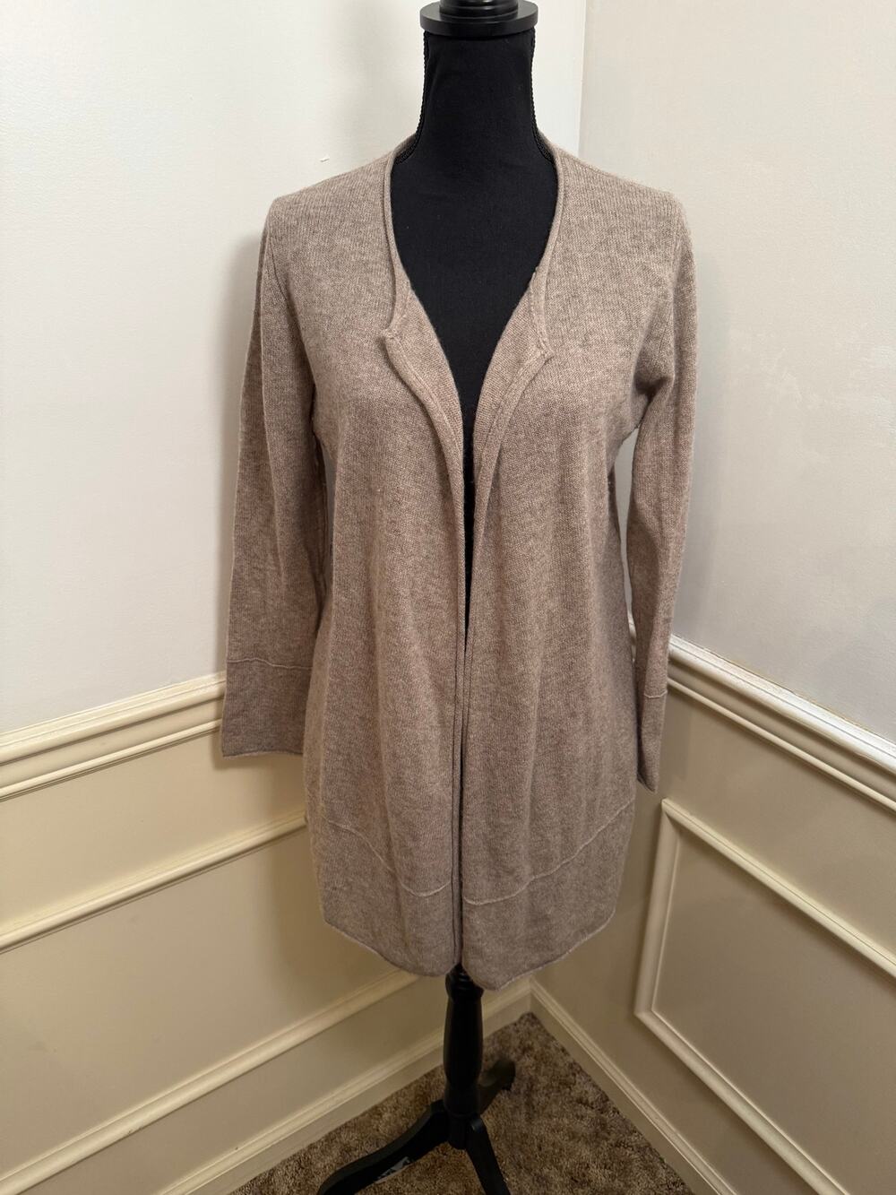 M By Magaschoni 100% Cashmere Open Front Longline Bottom Seam Cardigan Sweater